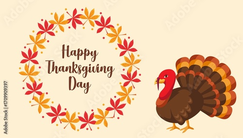 Traditional Thanksgiving Day celebration with festive autumn decorations, roasted turkey, pumpkins, candles, and seasonal food on a wooden table. Warm and cozy holiday atmosphere representing family 