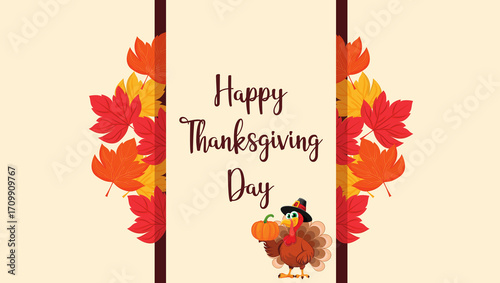 Traditional Thanksgiving Day celebration with festive autumn decorations, roasted turkey, pumpkins, candles, and seasonal food on a wooden table. Warm and cozy holiday atmosphere representing family 