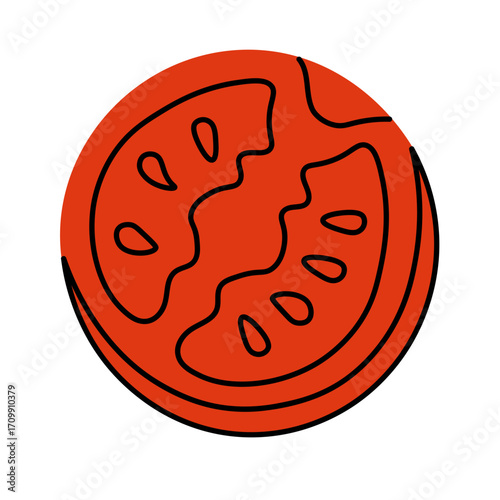 Half Tomato vector illustration on isolated background. Cherry Tomatoes red ripe Vegetable, food. Abstract Pomodoro sign. Hand Drawn design element in flat style for label, logo, paper, packing