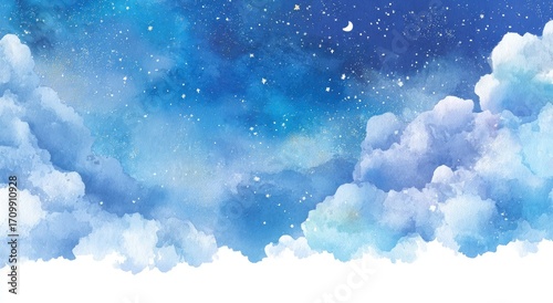 Watercolor night sky with clouds