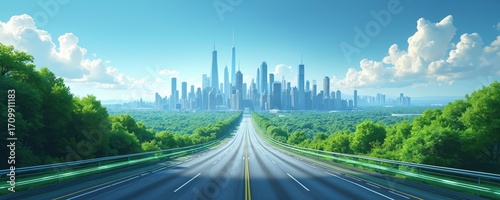 Modern highway curves toward distant city skyline, surrounded by rich green trees under bright, clear sky. Illustration visualizes progress, innovation, eco-friendly urban development, representing