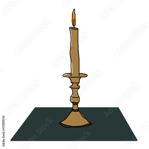 Сandle in Сandelabrum Black Sketch Isolated on White Background. Light Symbol for Modern Design. Candlestick One Line Illustration. Vintage Lamp Minimalist Vector Drawing. 