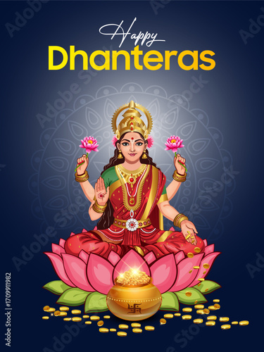 Happy Dhanteras Celebration with Goddess Lakshmi and Pot of Gold Illustration