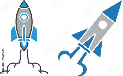 Blue and Gray Rockets Launching and Flying Upwards Illustration