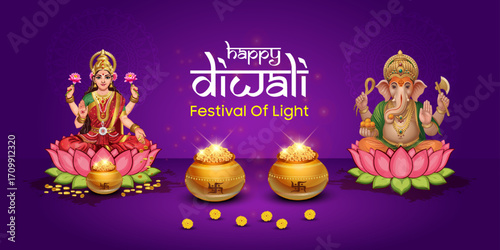 Happy Diwali Festival of Lights with Goddess Lakshmi and Lord Ganesha Illustration