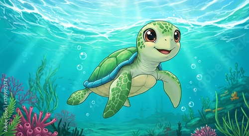 Adorable Sea Turtle Cartoon Character Swimming Underwater with Coral Reef