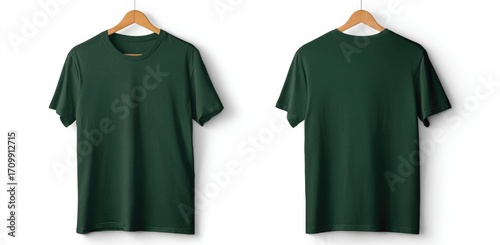 Two dark green t-shirts on hangers (2)