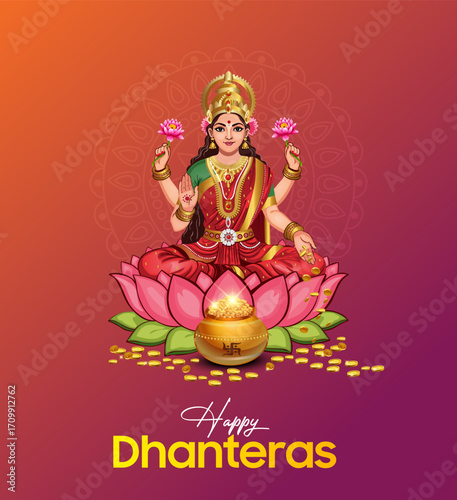 Happy Dhanteras Celebration with Goddess Lakshmi and Pot of Gold Illustration