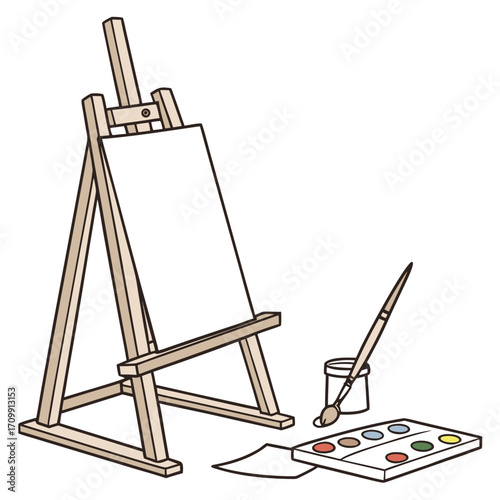 A blank canvas sits on a wooden easel next to a brown chair, ready for an artist's next painting