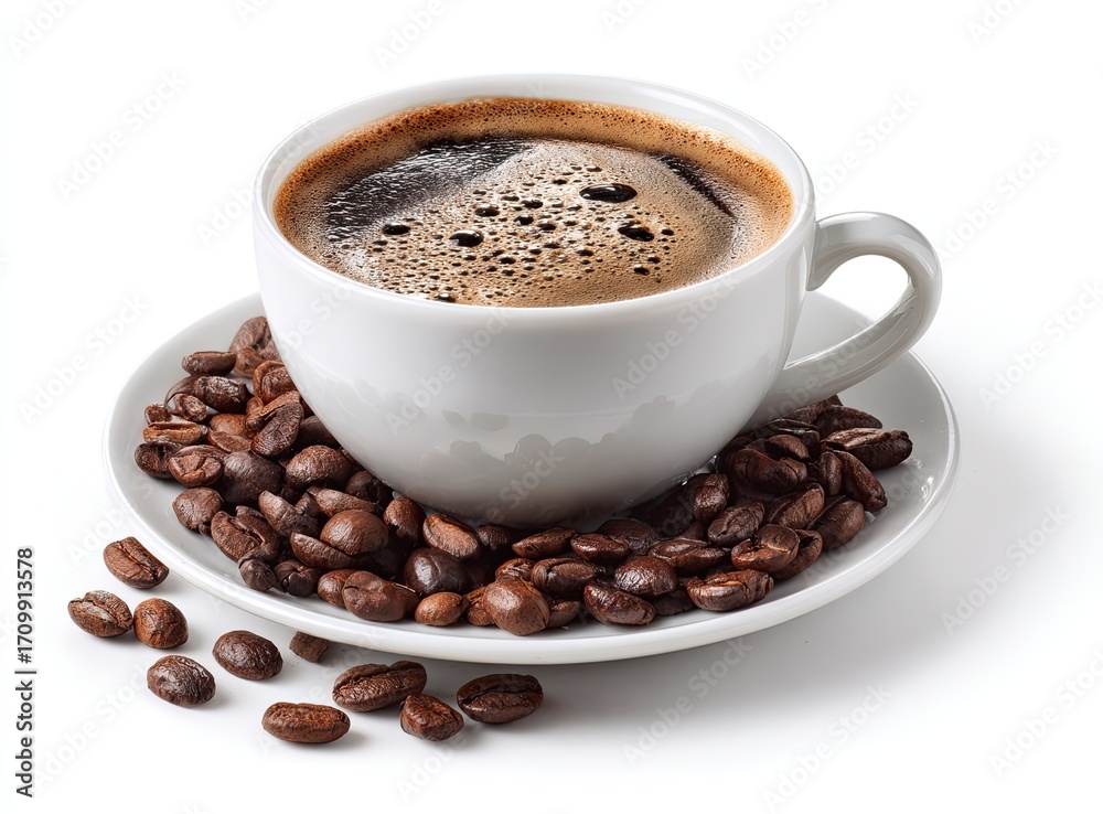 Fototapeta premium A full white cup of dark coffee, surrounded by coffee beans