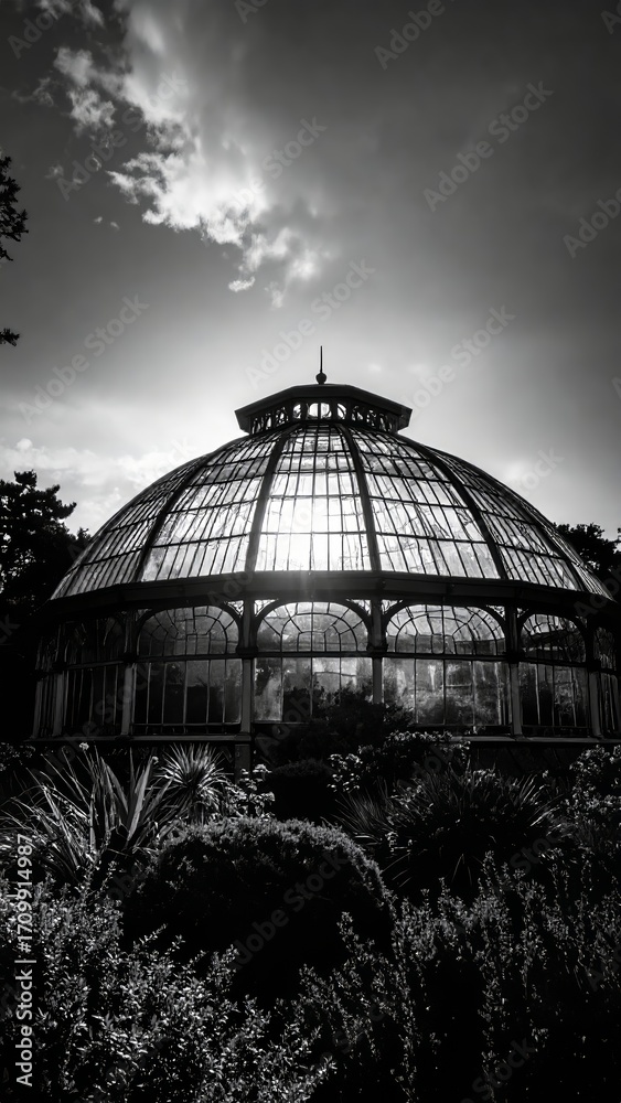 Fototapeta premium Striking Black and White Botanical Garden with Architectural Greenhouse Dome