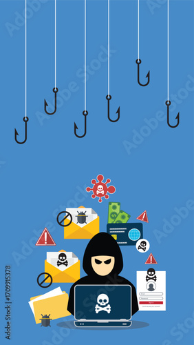 Hacker with laptop computer stealing confidential data, personal information and credit card detail. Hacking concept.	