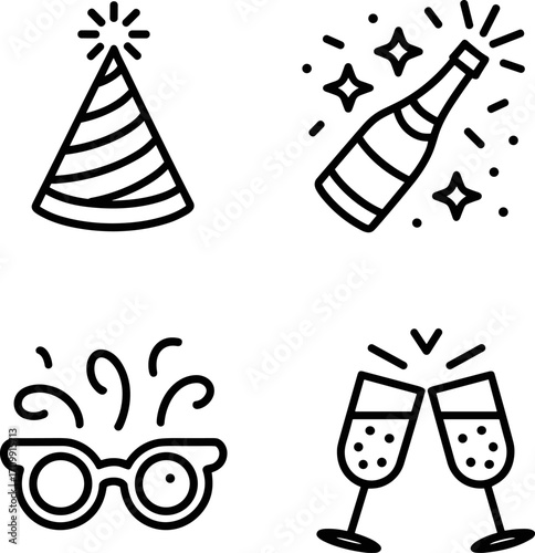 Festive Celebration Icons Bundle Featuring Party Hat Sparkling Wine Glasses Party Glasses and Confetti for Joyful Occasions and Event Design Elements