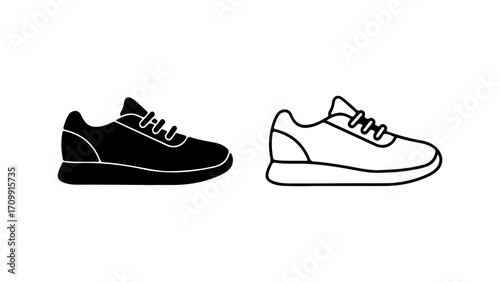 Black silhouette and outline sneaker vector icons isolated.