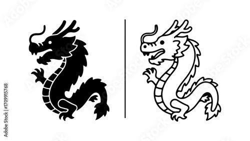 Chinese dragon illustrations in silhouette and outline style.