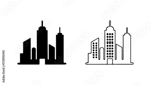 City skyline icons in silhouette and outline style.