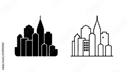Cityscape silhouette and outline icons representing urban architecture 1.