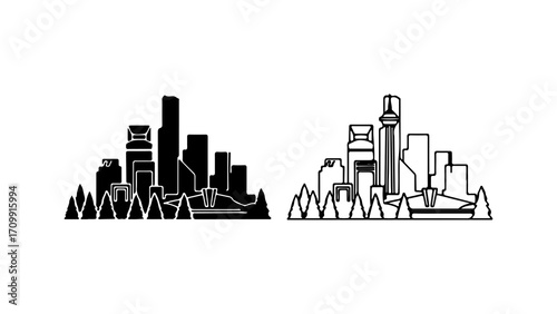 Cityscape silhouette and outline with trees and mountains.