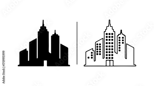 Cityscape building icons solid silhouette and outline style.