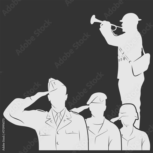 Modern and Historical Soldiers – Saluting and Playing Bugle – Military Tribute Vector Illustration