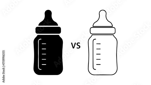 Comparison of Baby Bottles Black Silhouette vs Outline Illustration.