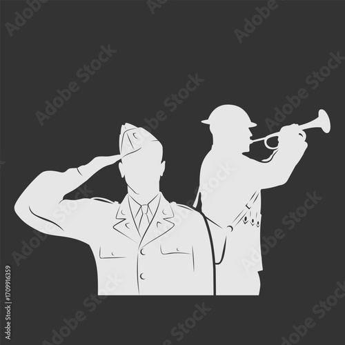 Modern and Historical Soldiers – Saluting and Playing Bugle – Military Tribute Vector Illustration