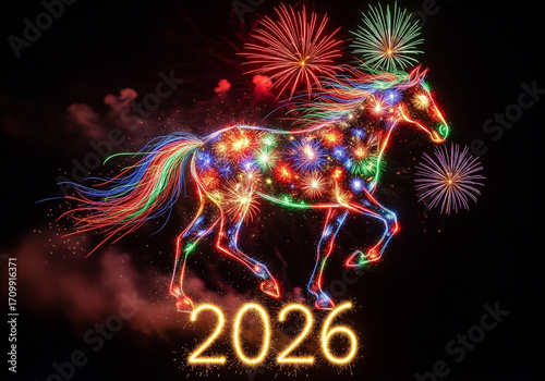 Stunning horse silhouette created from fireworks bursts and neon lights, glowing with vibrant colors and New Year 2026 holiday spirit