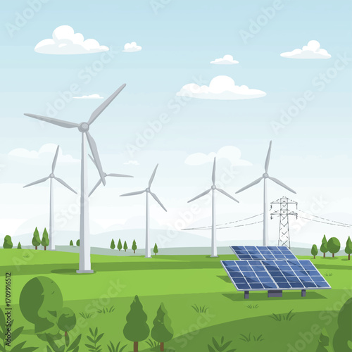 Vibrant flat 2D vector illustration of a serene landscape featuring large wind turbines and a solar panel array generating clean electricity, power lines stretching into the distance.