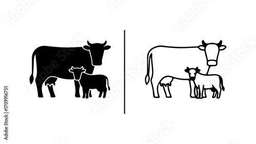 Cow and Calf Icons in Silhouette and Line Art Style.