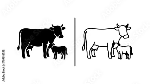 Cow and calf illustration in black and white side view mother and baby.