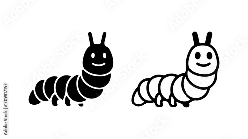 Cute cartoon caterpillar icon in black and white versions.
