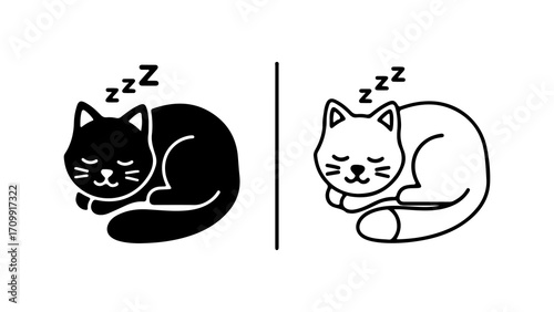 Cute sleeping black and white cat icons with Zzz symbols.