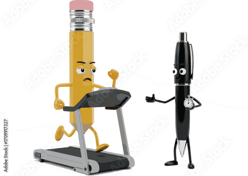 Cartoon pencil exercising on treadmill with pen watching