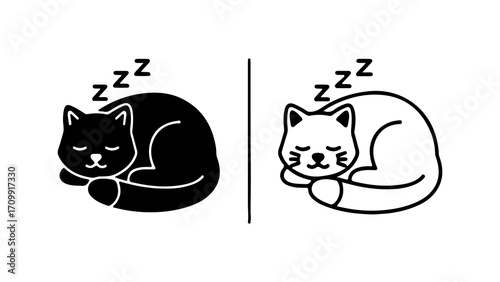 Cute sleeping cat icon in black and white.
