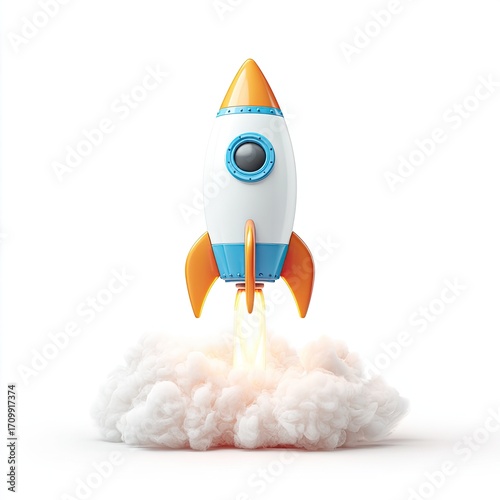 Cartoon rocket launching from a cloud of smoke