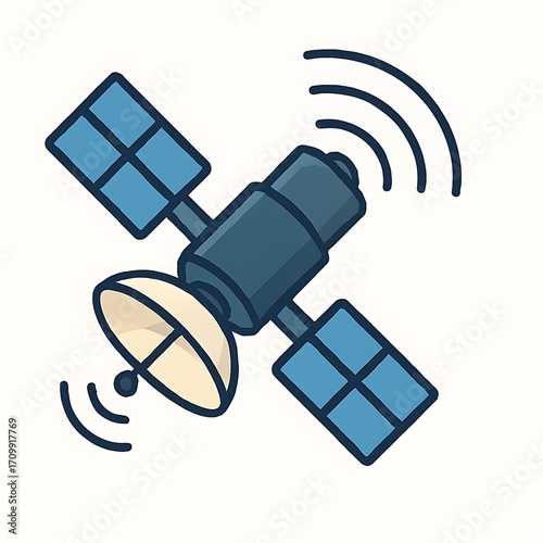 A cartoon illustration of a satellite transmitting signals, with solar panels extended.