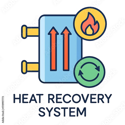 Illustration of a heat recovery system with arrows, flame, and recycling symbol.