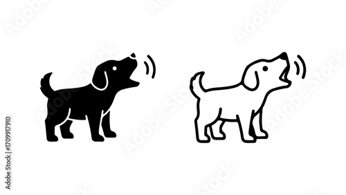 Dog illustrations in black and white barking simple design outline silhouette.