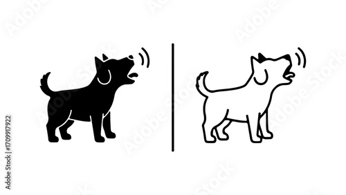 Dog silhouette barking icon illustration in black and white design.