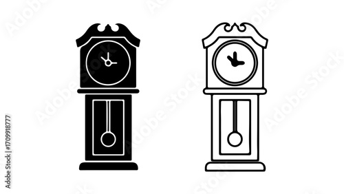 Elegant grandfather clock silhouette in black and white classic design.