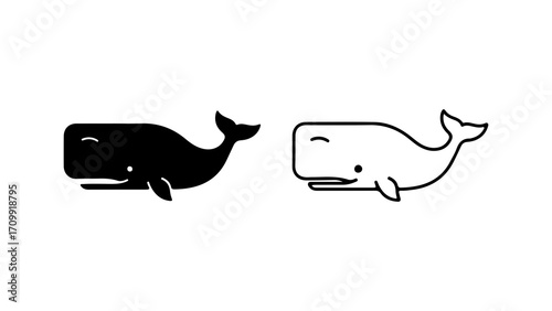 Cute whale icon set black and white illustration.