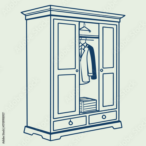 Antique open wooden wardrobe with a vintage handle in a house interior, a vector illustration of old furniture
