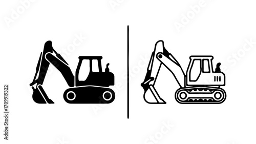 Excavator silhouette and outline construction vehicle icons.