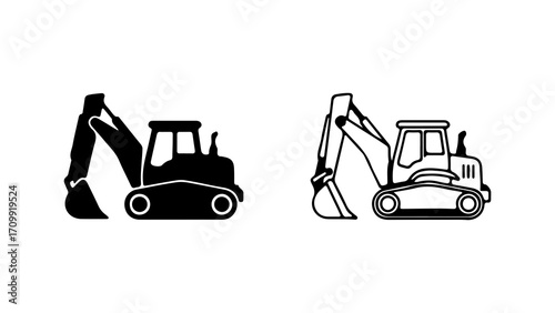 Excavator silhouette and outline icon set.