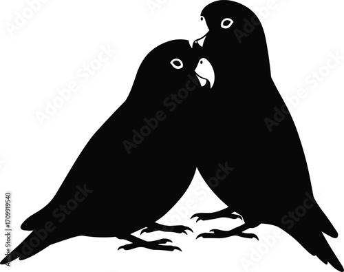 Silhouette illustration of two lovebirds cuddling together, symbolizing romance, affectionSilhouette illustration of two lovebirds cuddling together, symbolizing romance, affection