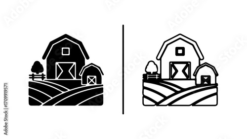 Farm Barn and Fields Icon Set.