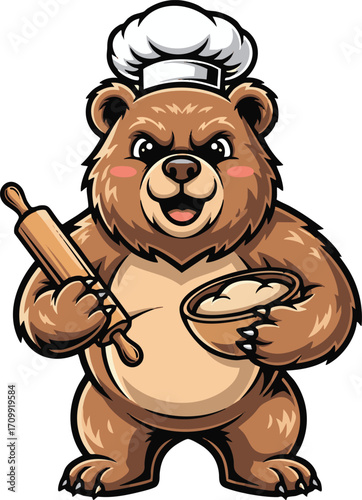 Happy Cartoon Bear Chef Baking with Rolling Pin and Bowl Illustration