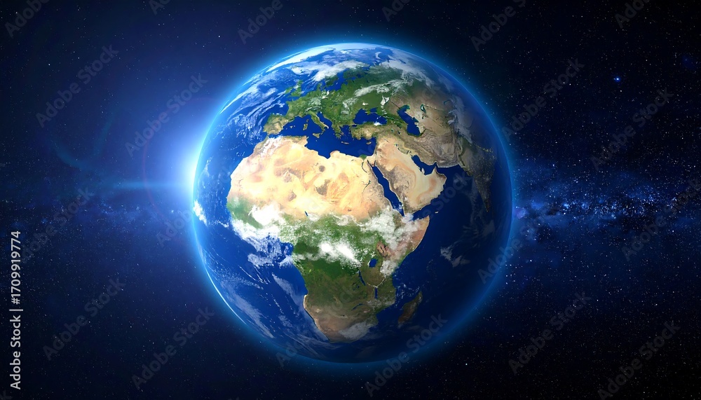 Fototapeta premium A vibrant globe of Earth, detailed with continents, oceans, and atmospheric effects against a starry background. A sun flare is visible
