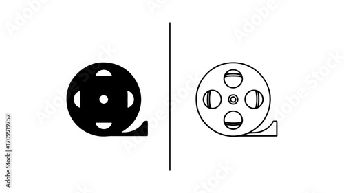 Film Reel Icon Set Solid and Outline Versions for Cinema and Video.
