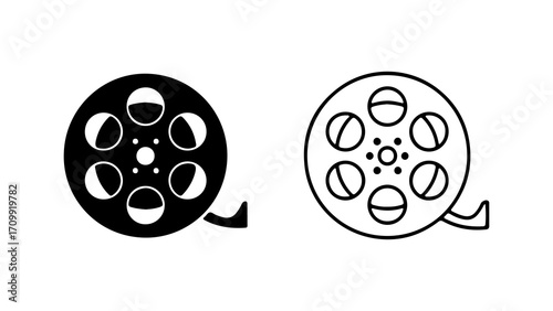 Film reel icon set in solid and outline styles.
